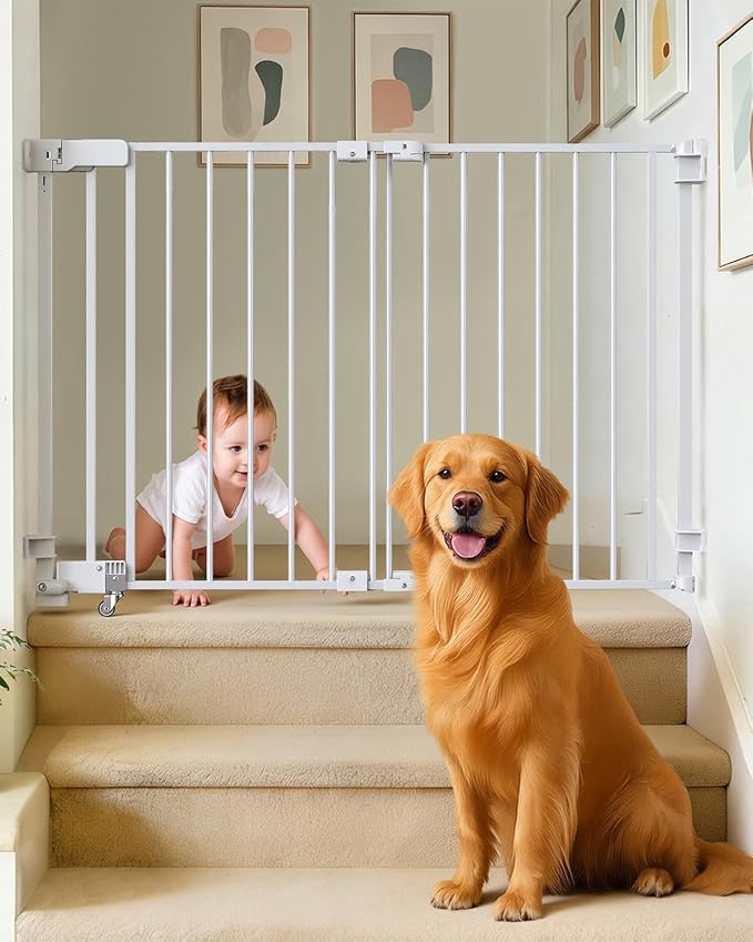 29.7"-45" Baby Gate for Stairs, Metal Pet Dog Gate for Doorways Indoor, 2 Installation Positions, Hardware Mount, 29.1”H Walk Through Safety Child Gate for Kids Toddler, White