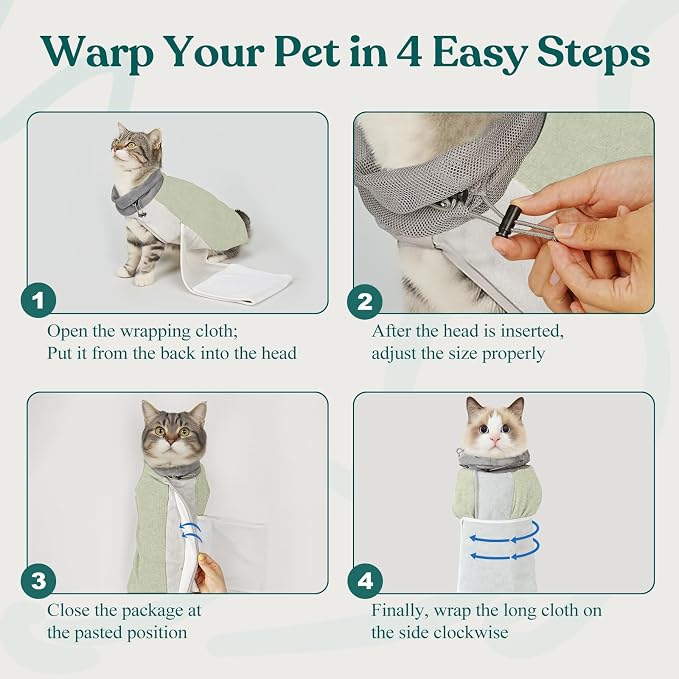 Supet Cat Grooming Wrap for Cutting Nails, Self-Adhesive Calm Cat Swaddle | Bite-Proof Mesh Hood & Thick Waist Strap Anti-Escape Anti-Scratch Bag for Nail Trimming, Medication, Ear Cleaning (Green S)