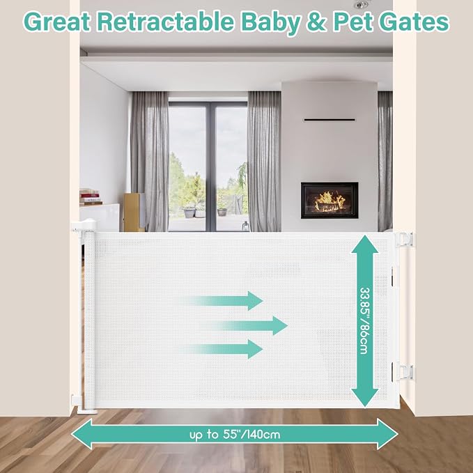 EZIGO 55 Inch Retractable Baby Gates Extra Wide Baby Dog Gate for Stairs | 34 Inch Tall Retractable Dog Gate, One-Hand Operation Mesh Safety Pet Gate for Deck, Porch, Doorways Indoor Outdoor, White