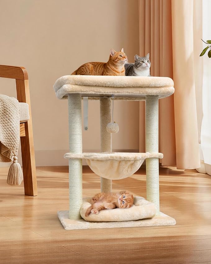 SYANDLVY Small Cat Tree for Indoor Cats with Top Perch Hammock & Bottom Bed | Natural Sisal Scratching Post Tower with Hanging Bell Ball and Anti-Tip Strap, Stable Kittens Furniture, Beige