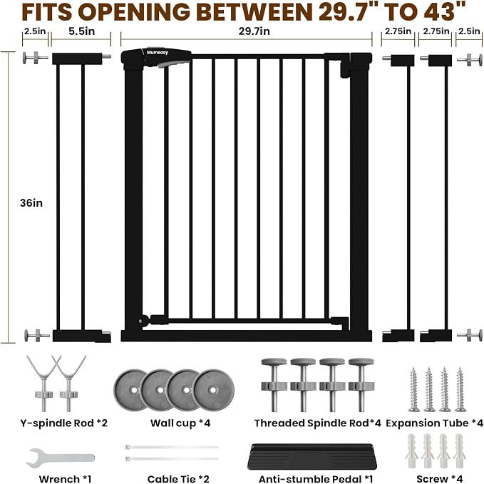Mumeasy 36" Tall Baby Gate, Walk Through Dog Gate for Stairs & Doorways | Extra tall design, secure pet barrier, one hand operation, easy access, for dogs cats babies toddlers