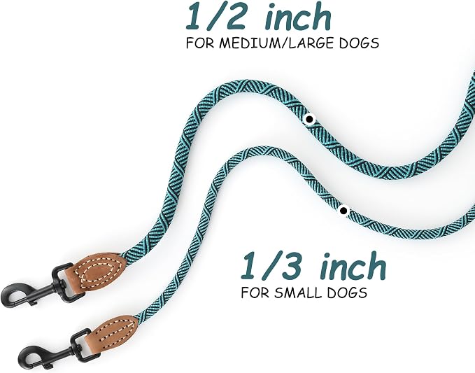 Mile High Life Thin Small Dog Leash with Genuine Leather Connection | Rope Leash, Heavy Duty 360° Swivel Metal Clasp, for Small Medium & Large Dogs (Green, 48 Inch)