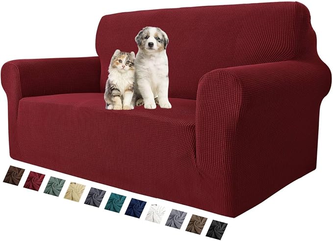 MAXIJIN Stretch Loveseat Sofa Slipcovers 1 piece Love Seat Couch Covers for 2 Cushion Couch Non Slip Sofa Cover Washable Dog Cat Proof Furniture Protector Pet Friendly (Loveseat, Wine Red)