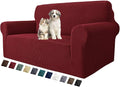 MAXIJIN Stretch Loveseat Sofa Slipcovers 1 piece Love Seat Couch Covers for 2 Cushion Couch Non Slip Sofa Cover Washable Dog Cat Proof Furniture Protector Pet Friendly (Loveseat, Wine Red)