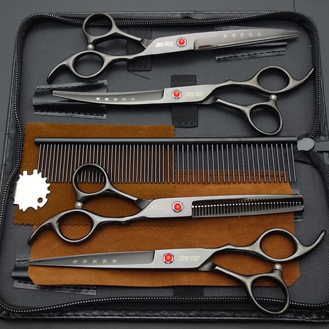 7.0in Titanium Professional dog Grooming Scissors set,Straight & Thinning & Curved scissors 4pcs set for Dog grooming Bright Black With Comb