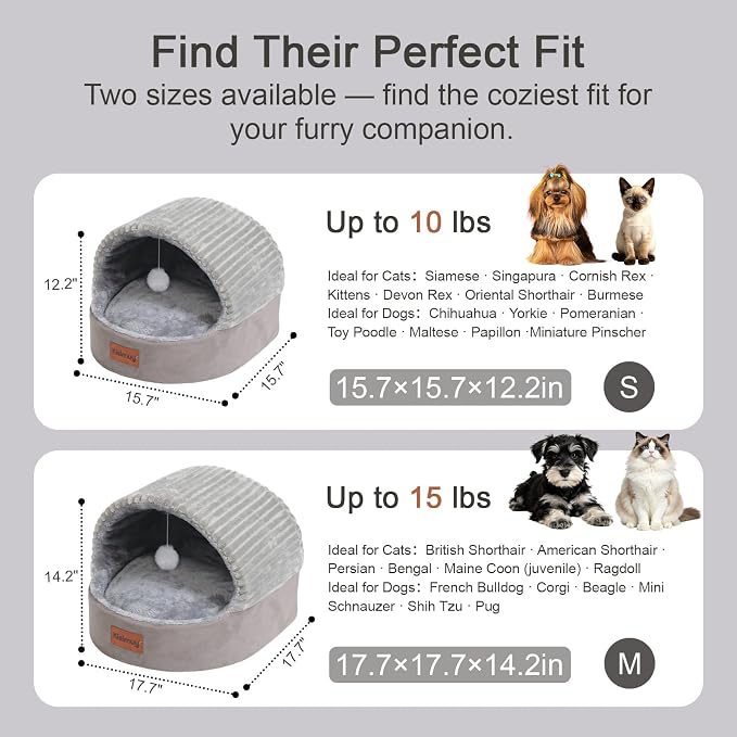 Cat Bed Cave with Pillow & Cat Toys, Cozy Cat Beds for Indoor Cats | 15.7in,Up to 10 lbs, Dual-Sided Cushion, Reversible Comfort for All Seasons, Semi-Enclosed Design, Machine Washable, Grey