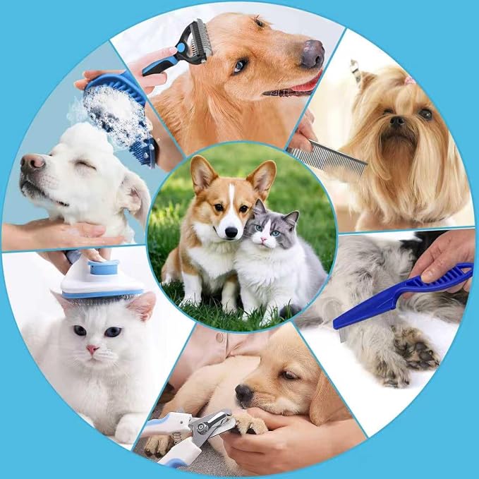 7PCS Dog Grooming Brush Kit for Shedding and Matted Fur, Self-Cleaning Slicker Brush with Undercoat Rake, Flea Comb for Long-Haired Pets, Blue