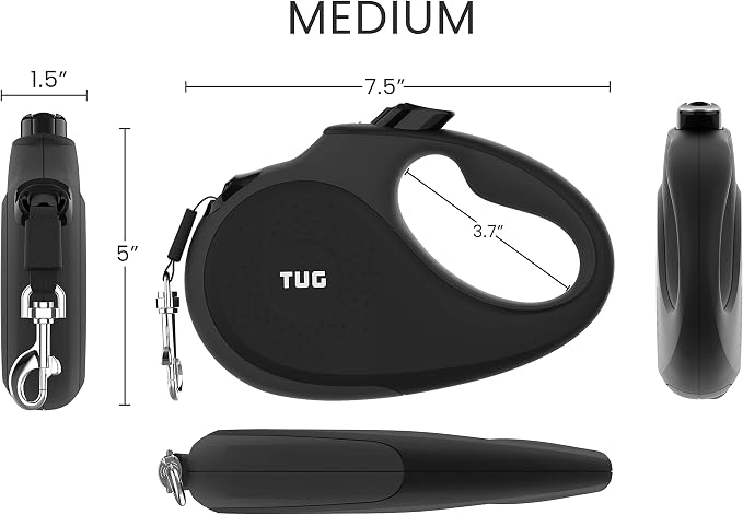 TUG 360° Tangle-Free Retractable Dog Leash with Anti-Slip Handle | 16 ft Strong Nylon Tape | One-Handed Brake, Pause, Lock (Medium, Black/Grey)