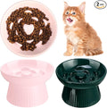 Tioncy 2 Pcs Ceramic Elevated Slow Feeder Cat Bowl, Raised Cat Slow Feeder Bowl, Anti Vomiting for Dry and Wet Food, No Spill High Edge Easy Clean Dishwasher Safe (Pink,Dark Green)