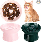 Tioncy 2 Pcs Ceramic Elevated Slow Feeder Cat Bowl, Raised Cat Slow Feeder Bowl, Anti Vomiting for Dry and Wet Food, No Spill High Edge Easy Clean Dishwasher Safe (Pink,Dark Green)
