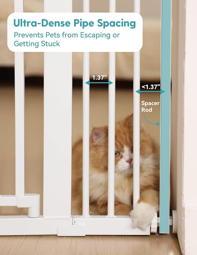 No Pawblems 71" Extra Tall Pet Gate, 29"-43" Wide Pressure Mounted, White | 1.37" Ultra Narrow Spacing, Auto-Close Tall Cat Gate for Doorway, Dual-Lock, One-handed Operation