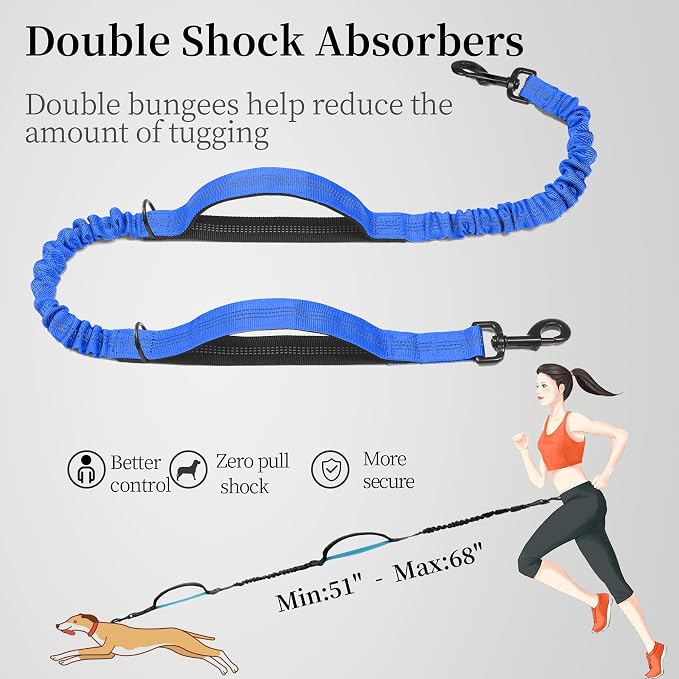 iYoShop Hands Free Dog Leash with Zipper Pouch, Dual Padded Handles and Durable Bungee for Walking, Jogging and Running Your Dog (Large, 25-120 lbs, Royal Blue)