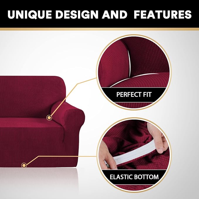 Stretch Sofa Cover Slipcover Couch Covers for 3 Cushion Couch Furniture Protector Sofa Covers with Non Slip Elastic Bottom Dogs Pet Friendly Fitted(Sofa, Burgundy)