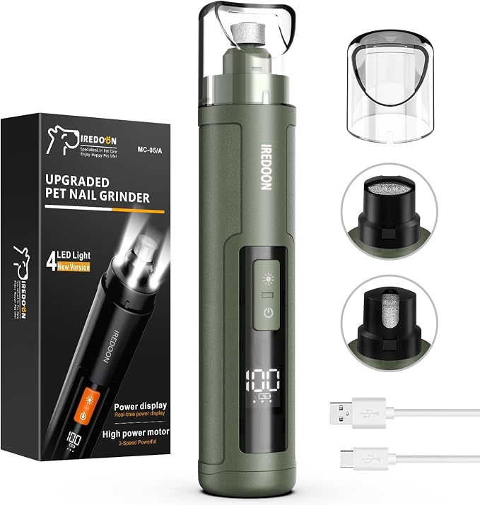 Dog Nail Grinder with 4 LED Lights, 3 Speeds Super Quiet for Pets | Low Vibration,Electric Pet Nail Grinder, Professional Painless Paw Grooming & Smoothing for Small to Large Dogs Cats(Green)