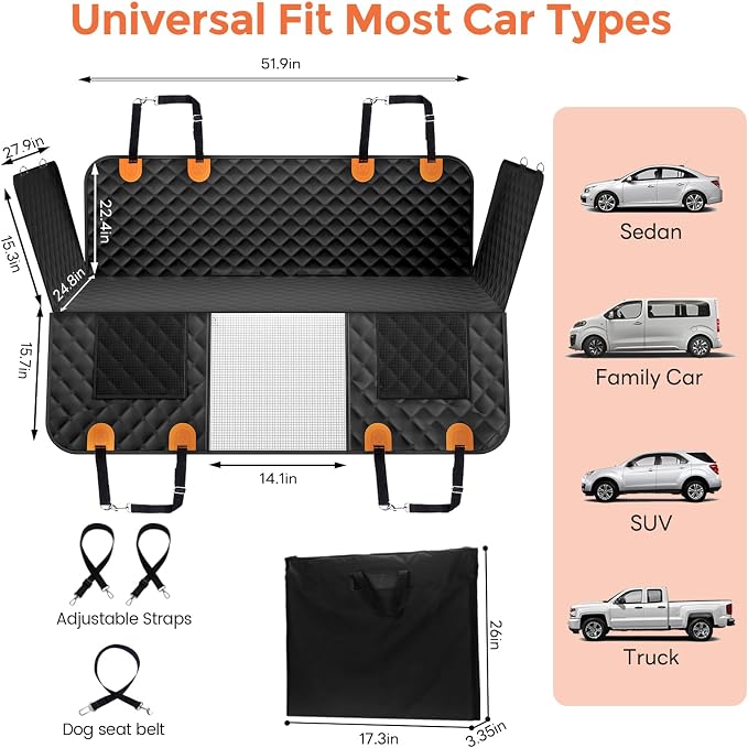 Dog Seat Cover for Back Seat,Hard Bottom Car Seat Cover for Dogs | Back Seat Extender for Dogs Holds 500lbs,Waterproof Rear Seat Pet Cover,Dog Hammock Travel Accessories for Car,SUV,Truck
