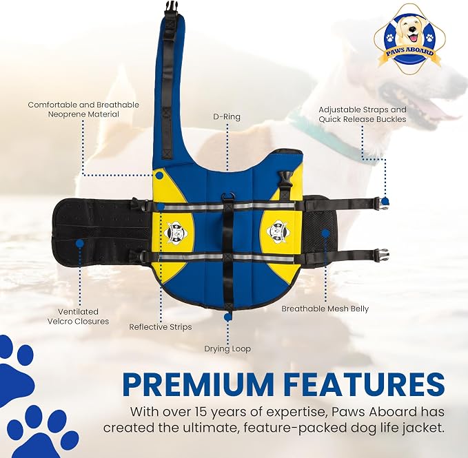 Dog Life Jacket — Premium Swim Vest with SafeChin Anti-Choke Collar | PAWS Aboard Blue & Yellow | RapidLift Rescue Handle, D-Ring, Reflective Trim | Boating, Kayaking, Pool | Large (50–80 lbs)