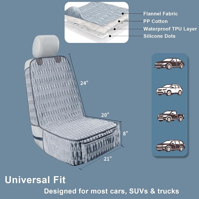 Front Seat Dog Car Seat Cover, Plush Waterproof Protector, Grey | Non-Slip Backing, Soft, Side Flaps, Full Coverage, Hair, Dirt & Scratch Defense, Machine Washable, Fits Cars, SUVs & Trucks