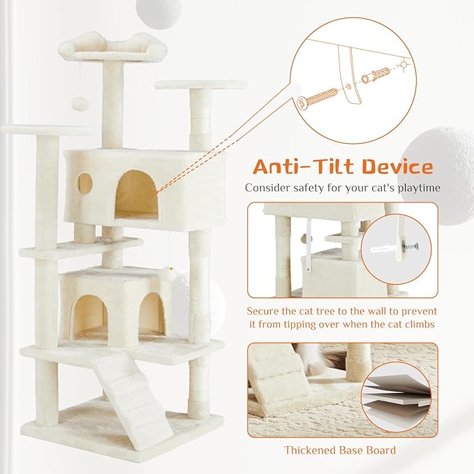 Sweetcrispy 54 Inch Cats Tree Tower with Scratching Post, Beige | Multi-Level Indoor Cat Tree Condo with Climbing Ladder, Plush Toy, Play House for Kittens