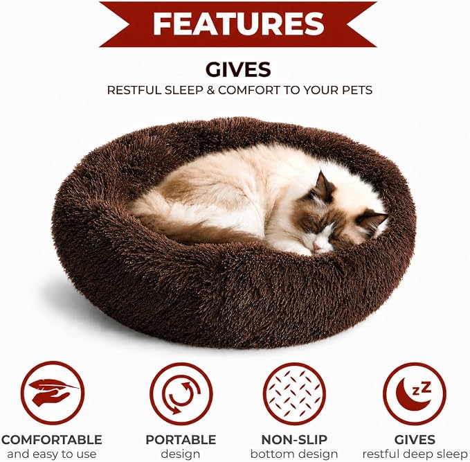 Whiskers & Friends Cat Beds for Indoor Cats, Fluffy Cat Bed Small to Large | Orthopedic Soft Plush Calming Donut Bed, Washable Round Pet Bed, Sized for Kitten to Large Cats & Puppy to Small Dogs