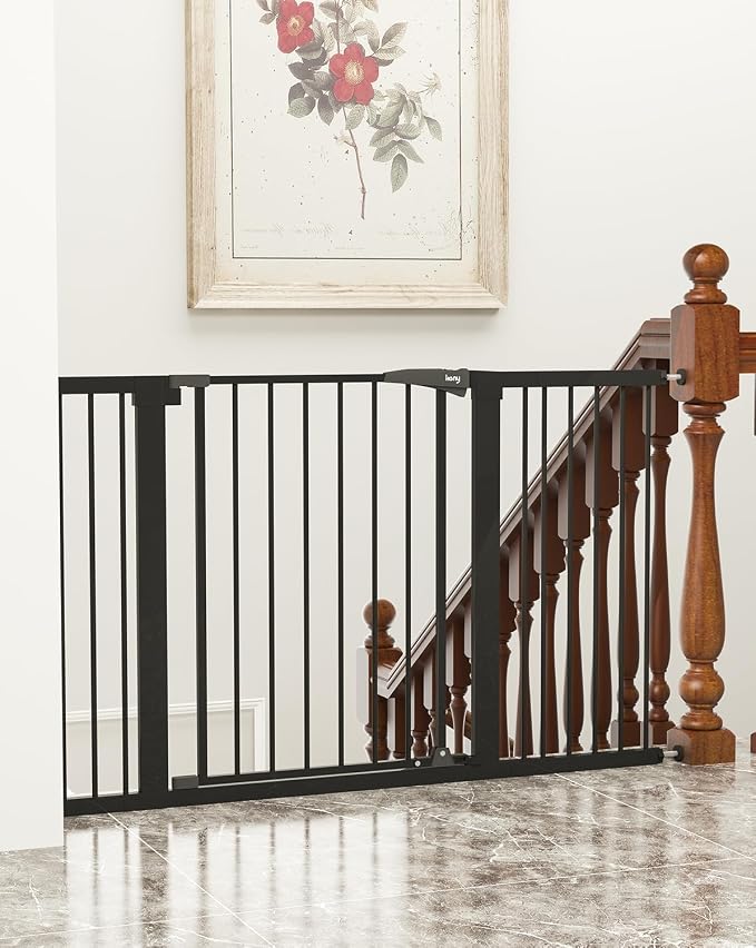 keny 29.7"-51.5" Extra Wide Baby Gate for Stairs, Easy Walk Thru Dog Gate | 21.1" Large Opening Door, Pressured Mounted No Drilling Pet Gate, 30" Tall, Black