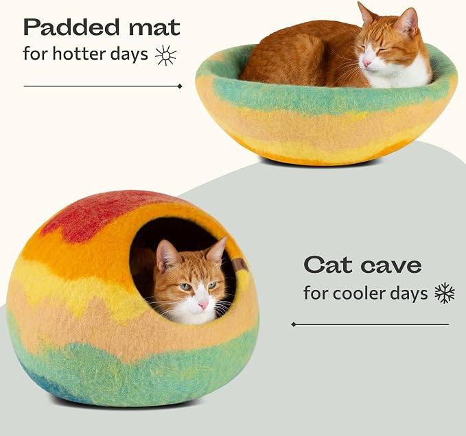 MEOWFIA Cat Cave – Premium Felt Cat Bed Enclosure for Indoor Cats, Handmade Merino Wool (Tucson Sunset, Large)