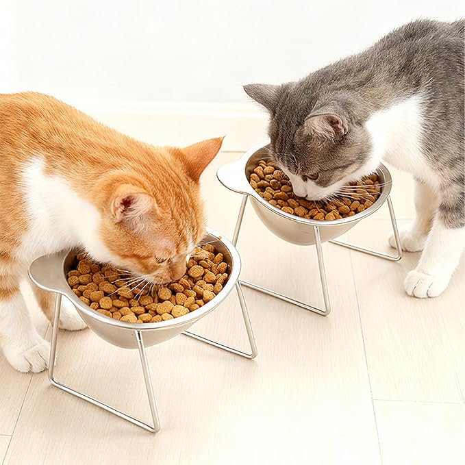 Elevated Cat Bowls 3 Pack, 15° Tilted Raised Cat Food & Water Bowls with Stainless Steel Dishes, Whisker-Friendly Anti-Vomiting Pet Bowls for Cats & Small Dogs