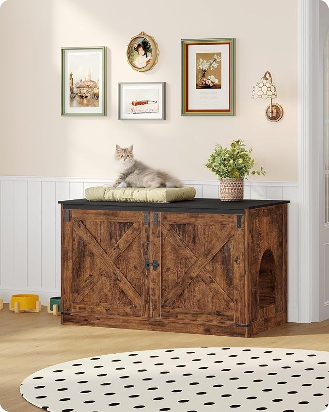Hzuaneri Cat Litter Box Enclosure, Hidden Litter Box Furniture with Divider | Wooden Cat Cabinet with Removable Dividers, Reversible Entrance Left or Right Side, Cat Washroom, Rustic Brown Black CB84701X