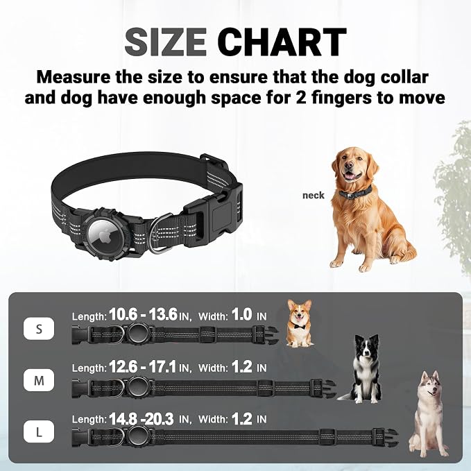 AirTag Dog Collar, IP68 Waterproof Integrated Air Tag Dog Collars with Reflective, Ultra-Durable, Comfortable Padded, Heavy Duty Dog Collars for Small Medium Large Dogs, L (14.8"-20.3"), Black