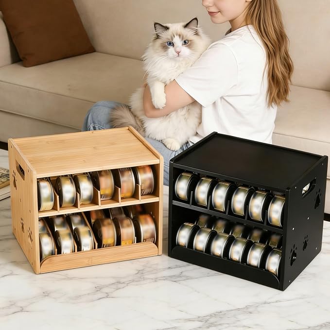 JALZ JALZ Bamboo Cat Food Can Dispenser 2-Tier Gravity Pet Food Storage Rack | Made of durable, natural bamboo that complements any kitchen or pantry decor