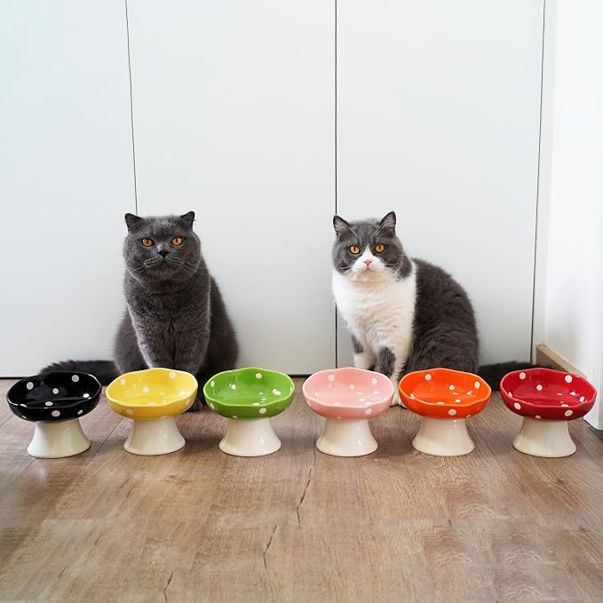 Red Mushroom Cat Bowl, Elevated Ceramic Bowl for Cats | Cute Mushroom, Elevated, Ceramic, Whisker Friendly, Wide Opening, Stable, Easy Clean