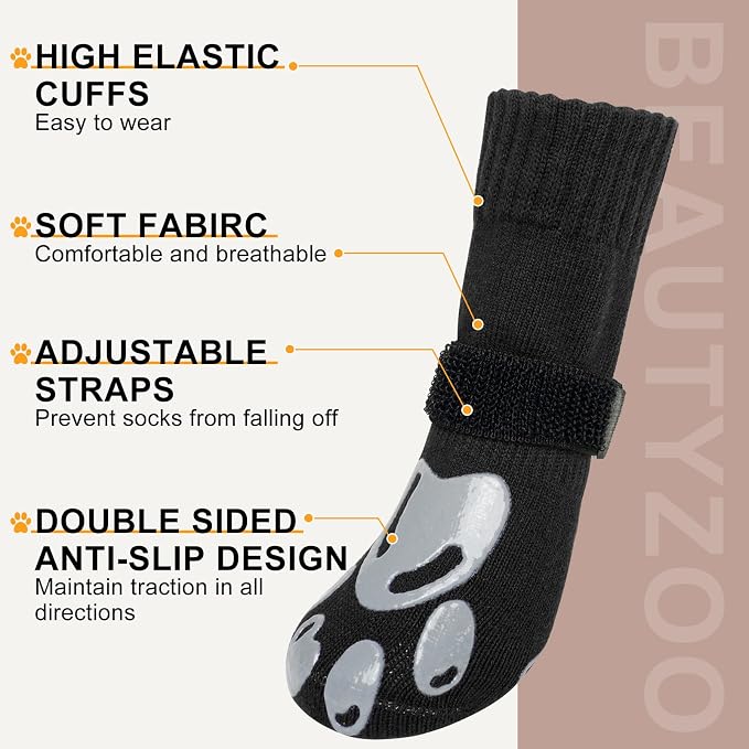 BEAUTYZOO Dog Socks, Non Slip Dog Socks to Prevent Licking Paws -Dog Shoes for Hot/Cold Pavement, Dogs Boots & Paw Protectors, Doggie Booties for Hardwood Floors, Small Medium Large Senior Dogs