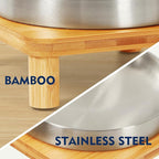 DoogCat Raised Cat Bowl, Elevated Cat Bowls with Bamboo Stand, Set of 2 | Premium Stainless Steel Bowls, Adjustable Height, Whisker-Friendly Design, Elevated Feeding, Easy to Clean