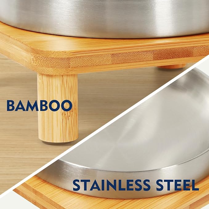 DoogCat Raised Cat Bowl, Elevated Cat Bowls with Bamboo Stand, Set of 2 | Premium Stainless Steel Bowls, Adjustable Height, Whisker-Friendly Design, Elevated Feeding, Easy to Clean
