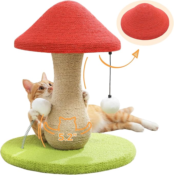 PETEPELA Mushroom Cat Scratching Post, Cat Scratcher Cute with 100% Sisal Covered Scratching Post & Pompoms Toy, Mushroom Cat Post for Indoor Cats | Wide weighted base stays steady; 17.7" post for kittens & small cats; 100% sisal scratching surface; po...