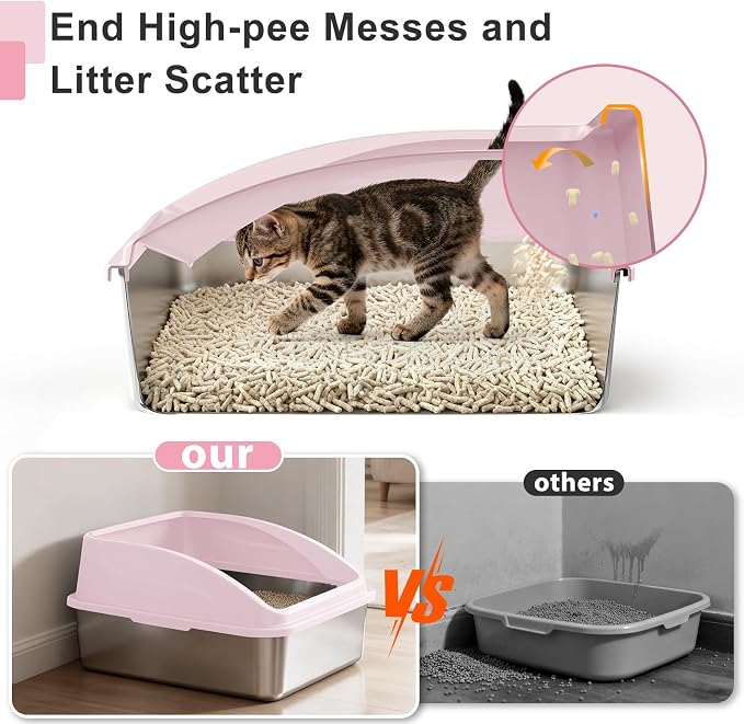 AIPERRO Stainless Steel Litter Box | XL Enclosed Cat Litter Boxes with Lid for Big Cats | High Sided, Anti-Urine Leakage | Non-Stick Bottom & Includes Litter Mat & Metal Scoop