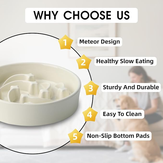 Ceramic Slow Feeder Dog Bowls Large Breed, 2 Cups, 8.3 Inch Beige | 2 cups raised maze bowl slows fast eating for medium and large dogs; heavy ceramic, non-slip and dishwasher safe.