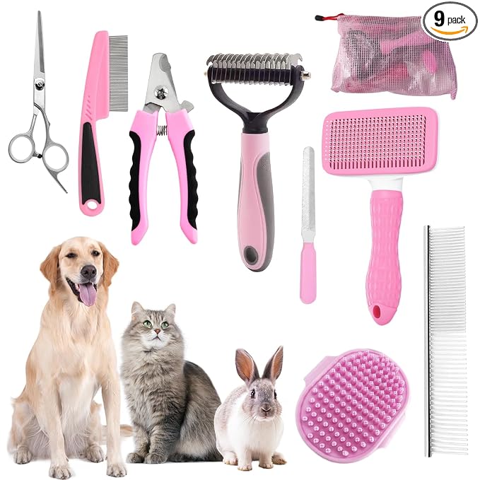 Dog Brush for Shedding,9 PCS in One Pet Slicker Hair Brush Kit with Pet Nail Clipper and File - Dog Cat Grooming Deshedding Undercoat Rake Brush Comb for All Small Large Dogs Cats Pink