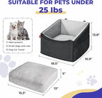 BurgeonNest Small Dog Car Booster Seat Bed Under 25 lbs (Black Grey) | Fully detachable & washable travel bed with side storage pockets and clip-on safety leash for cozy, portable car trips.