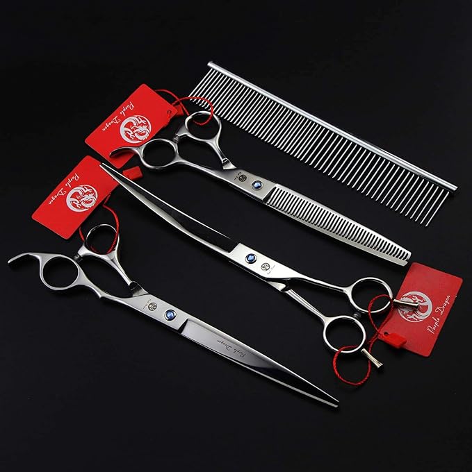 Purple Dragon 8.0 in Dog Grooming Scissors Set with Anti-Shock Bag - Silver | Japanese 440C Steel Pet Grooming Shears, Comfortable Grip, Includes Curved, Straight & Thinning Scissors with Silencer