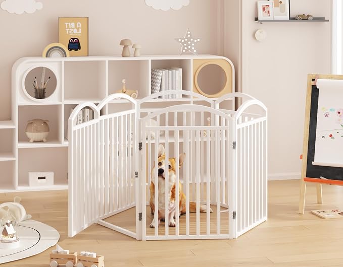 Foldable Pet Fence 120" Wide, 30" Tall,No-Assembly Dog Gate with Door,White | 6 Panels Metal Folding Freestanding Dog Gate Walk Through,Extra Accordion Puppy Folding Playpen for Doorways, Stairs,House