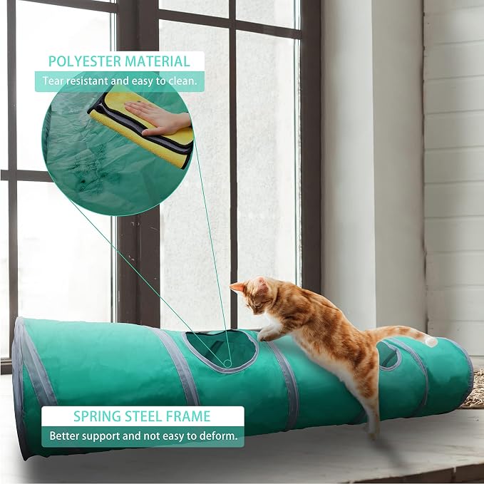 Cat Tunnel for Indoor Cat Collapsible Cat Play Tube with Play Ball and Fringe, Interactive Pet Crinkle Tunnel for Kittens, Length 47 inch, Diameter 9.7 inch