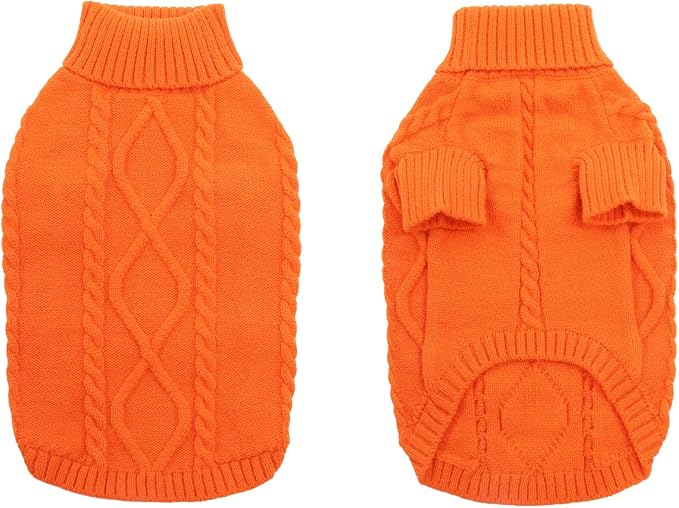 Queenmore Small Dog Pullover Sweater, Cold Weather Cable Knitwear, Classic Turtleneck Thick Warm Clothes for Chihuahua, Bulldog, Dachshund, Pug (Orange, X-Small)