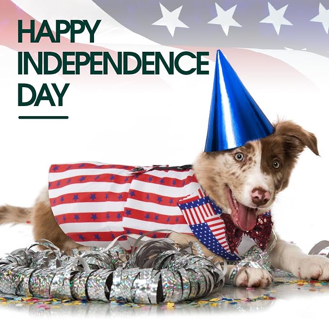 Kuoser Independence Day Dog Tuxedo, Dog Suit and Bandana Set with D-Ring | Formal Dog Costume with Detachable Bowtie Collar for 4th of July Independence Day, American Flag L