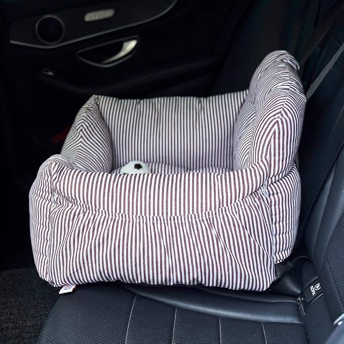 BLOBLO Dog Car Seat Pet Booster Seat Pet Travel Safety Dog Bed for Car with Storage Pocket (Coffee Stripe)
