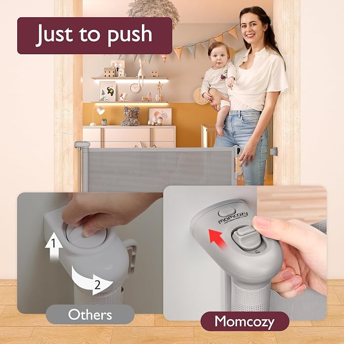 Momcozy Extra Wide Retractable Mesh Baby Gate | 33-Inch Tall, Extends to 71-Inch Wide, for Stairs, Doorways, Hallways, for Pet Dogs and Cats, Indoor/Outdoor Baby Gate