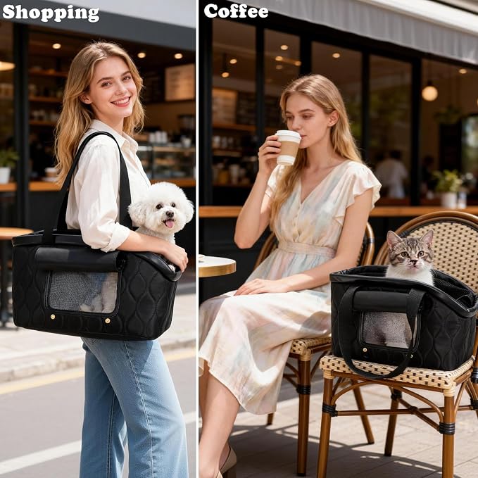 Luxury Dog Purse Carrier for Small Dogs Cats, TSA Airline Approved Puppy Kitten Carrier Soft-Sided Travel Tote Bag Up to 10 lbs (Black, 14.17'' L x 7.09''W x 8.66''H)