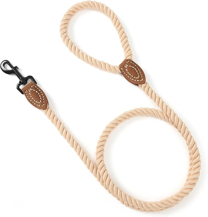 Mile High Life Dog Leash Braided Cotton Rope with Leather-Reinforced Ends | Rust-proof 360° swivel clasp, Heavy-duty for medium/large dogs. Great for weddings, daily walks (5 FT, 1/2", Light Brown)