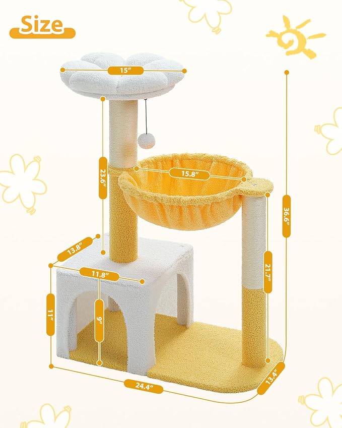 MUTTROS Cute Cat Tree with Flower Top Bed - Cloud Scratching Posts, 35" Small Cat Tower with Large Metal Frame Hammock for Indoor Cats, White Cat Condo for Kittens, Yellow