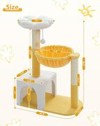 MUTTROS Cute Cat Tree with Flower Top Bed - Cloud Scratching Posts, 35" Small Cat Tower with Large Metal Frame Hammock for Indoor Cats, White Cat Condo for Kittens, Yellow
