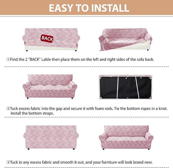 ZNSAYOTX Stretch Couch Covers for 3 Cushion Couch, 1-Piece Sofa Cover Slipcover Pet Friendly, Furniture Protector with Elastic Bottom for Dogs Geometrical Jacquard Fabric (Large, Dusty Pink)